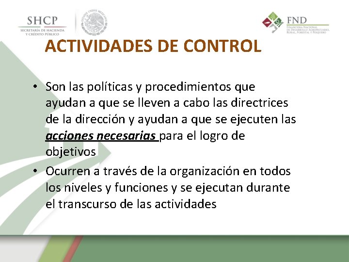 ACTIVIDADES DE CONTROL • Son las políticas y procedimientos que ayudan a que se
