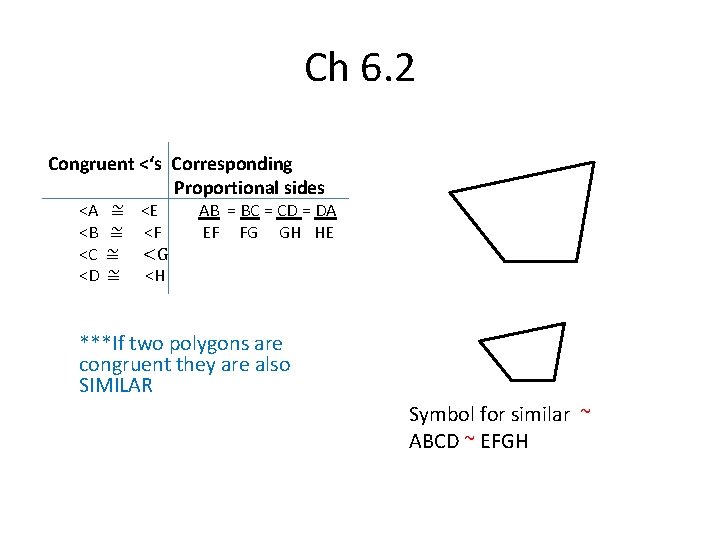 Ch 6. 2 Congruent <‘s Corresponding Proportional sides <A <B <C <D ≅ <E