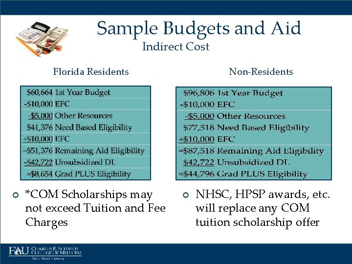 S Sample Budgets and Aid Indirect Cost Florida Residents ¢ *COM Scholarships may not
