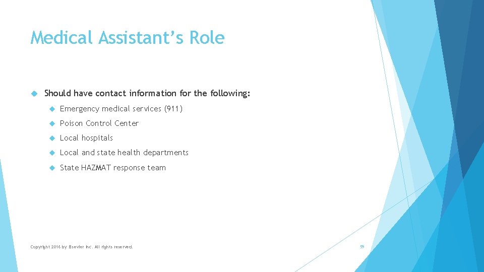 Medical Assistant’s Role Should have contact information for the following: Emergency medical services (911)