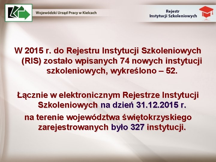 W 2015 r. do Rejestru Instytucji Szkoleniowych (RIS) zostało wpisanych 74 nowych instytucji szkoleniowych,