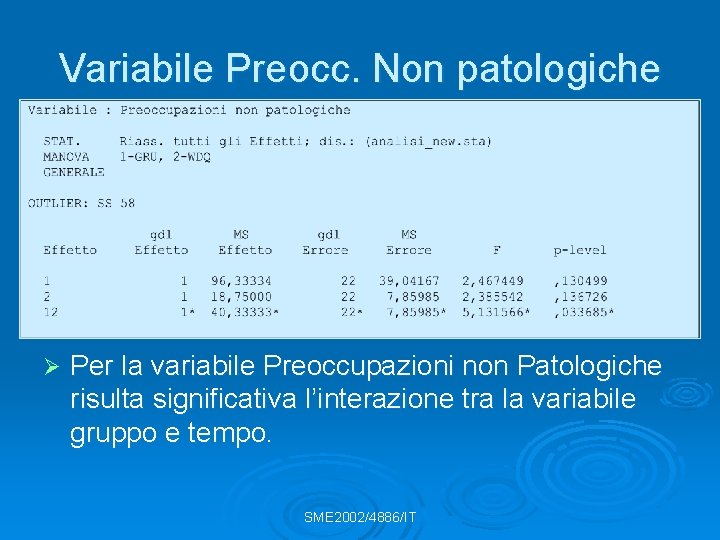 Variabile Preocc. Non patologiche Ø Per la variabile Preoccupazioni non Patologiche risulta significativa l’interazione