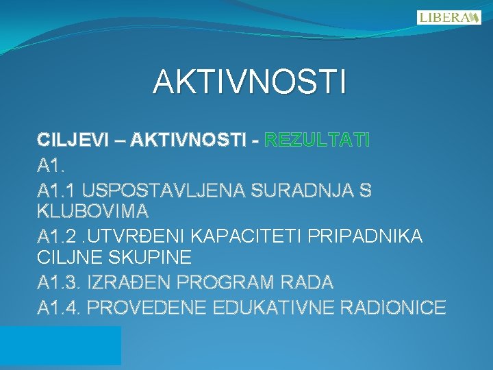 AKTIVNOSTI CILJEVI – AKTIVNOSTI - REZULTATI A 1. 1 USPOSTAVLJENA SURADNJA S KLUBOVIMA A