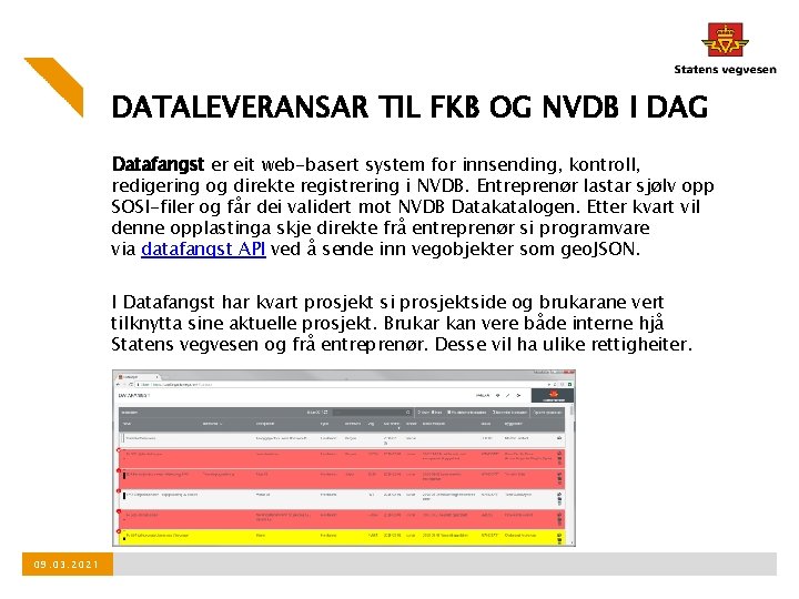 DATALEVERANSAR TIL FKB OG NVDB I DAG Datafangst er eit web-basert system for innsending,