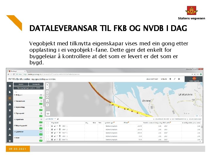 DATALEVERANSAR TIL FKB OG NVDB I DAG Vegobjekt med tilknytta eigenskapar vises med ein