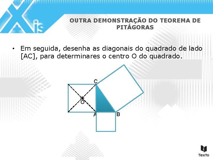 OUTRA DEMONSTRAÇÃO DO TEOREMA DE PITÁGORAS • Em seguida, desenha as diagonais do quadrado