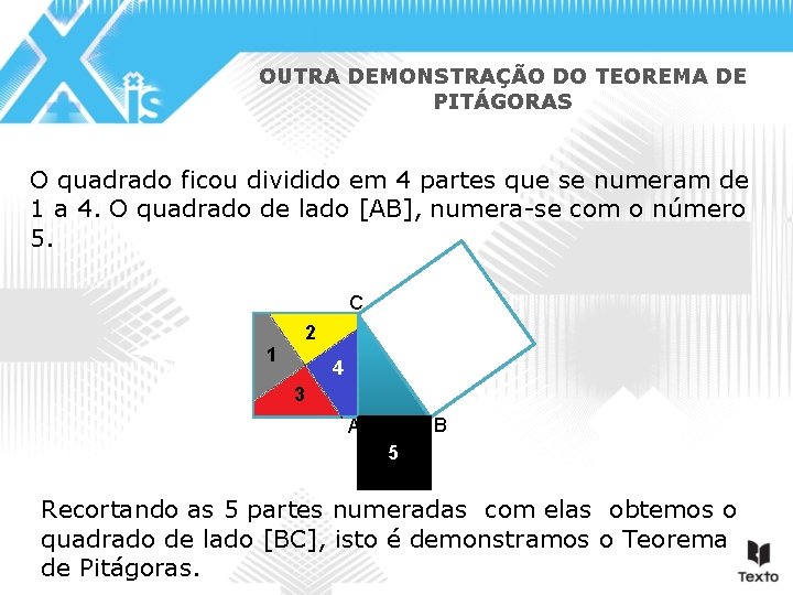 OUTRA DEMONSTRAÇÃO DO TEOREMA DE PITÁGORAS O quadrado ficou dividido em 4 partes que