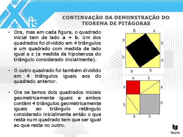 CONTINUAÇÃO DA DEMONSTRAÇÃO DO TEOREMA DE PITÁGORAS • Ora, mas em cada figura, o