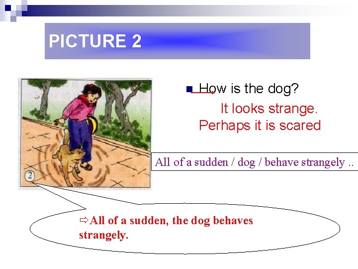 PICTURE 2 n How is the dog? It looks strange. Perhaps it is scared