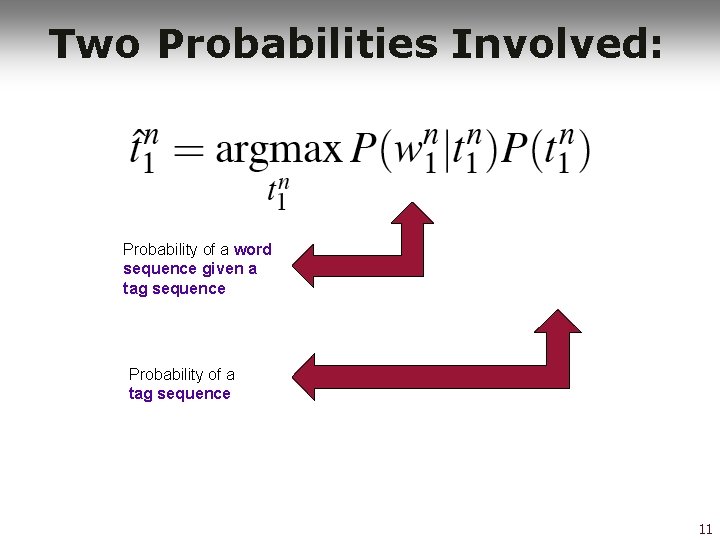 Two Probabilities Involved: Probability of a word sequence given a tag sequence Probability of