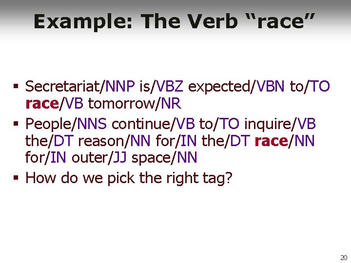 Example: The Verb “race” § Secretariat/NNP is/VBZ expected/VBN to/TO race/VB tomorrow/NR § People/NNS continue/VB