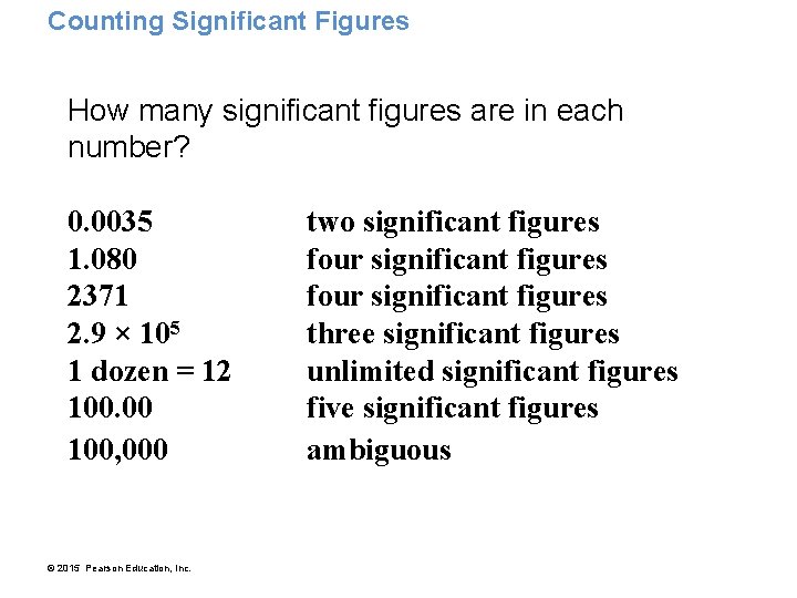 Counting Significant Figures How many significant figures are in each number? 0. 0035 1.