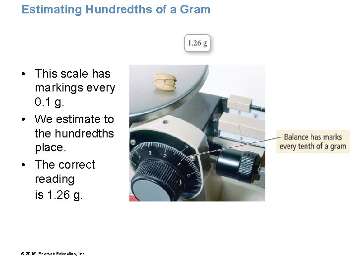 Estimating Hundredths of a Gram • This scale has markings every 0. 1 g.