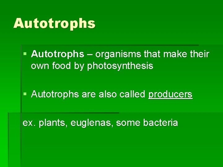 Autotrophs § Autotrophs – organisms that make their own food by photosynthesis § Autotrophs