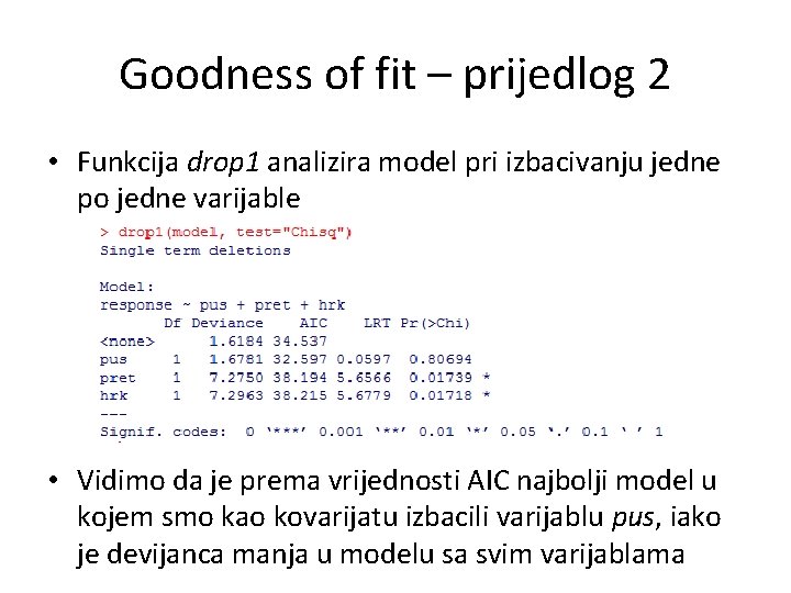 Goodness of fit – prijedlog 2 • Funkcija drop 1 analizira model pri izbacivanju