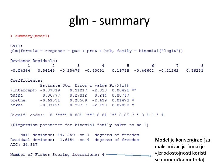 glm - summary Model je konvergirao (za maksimizaciju funkcije vjerodostojnosti koristi se numerička metoda)