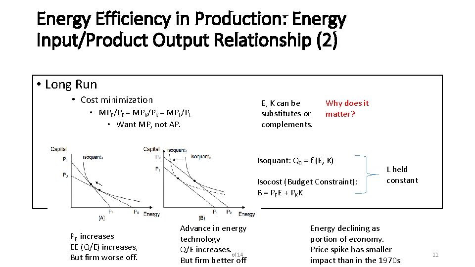 Energy Efficiency in Production: Energy Input/Product Output Relationship (2) • Long Run • Cost