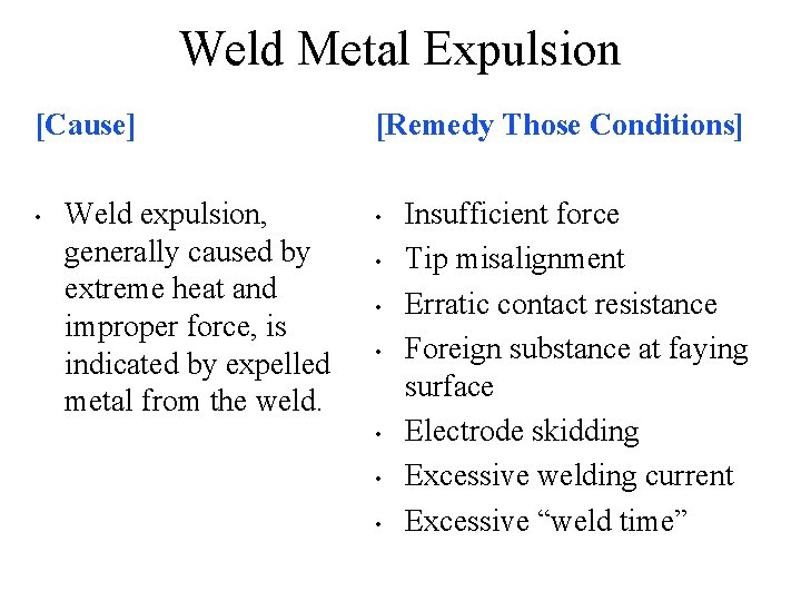 Weld Metal Expulsion [Cause] • Weld expulsion, generally caused by extreme heat and improper