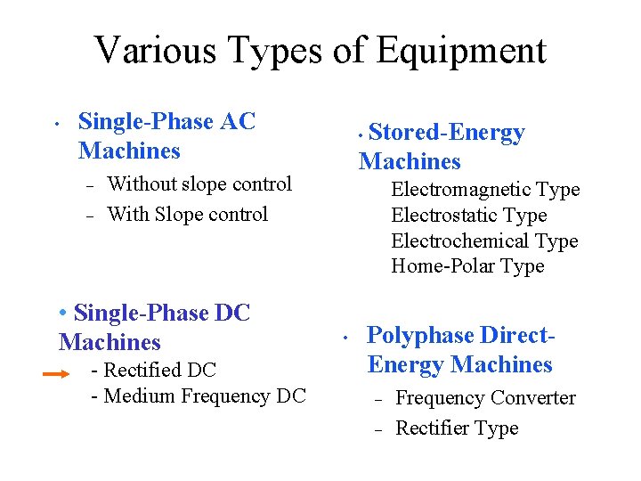 Various Types of Equipment • Single-Phase AC Machines – – Stored-Energy Machines • Without