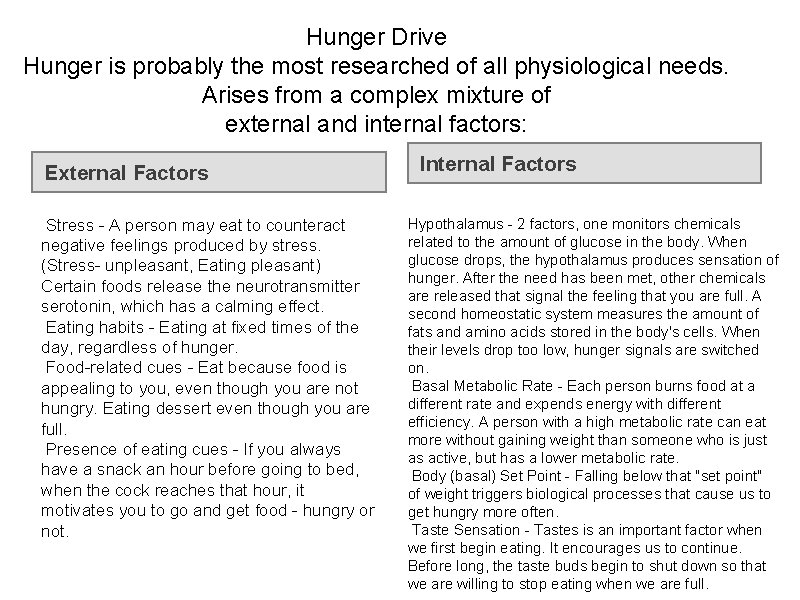 Hunger Drive Hunger is probably the most researched of all physiological needs. Arises from