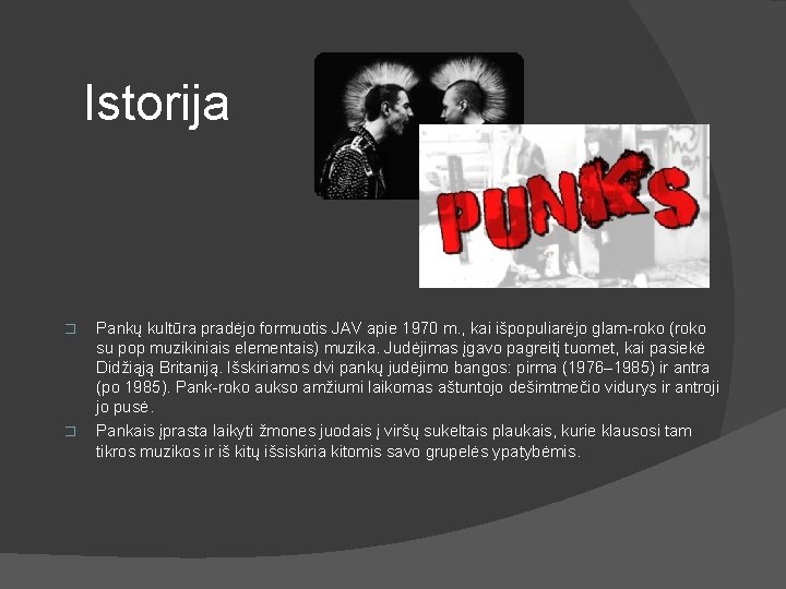 Istorija � � Pankų kultūra pradėjo formuotis JAV apie 1970 m. , kai išpopuliarėjo