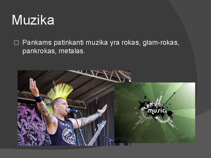 Muzika � Pankams patinkanti muzika yra rokas, glam-rokas, pankrokas, metalas. 