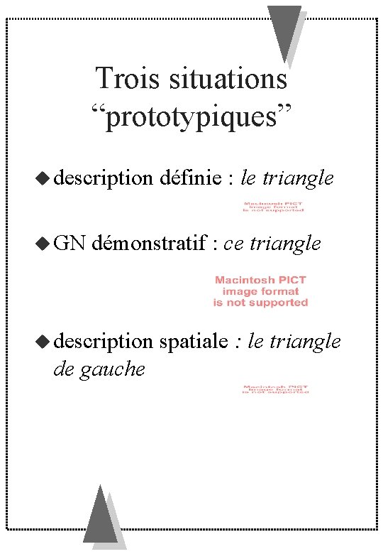 Trois situations “prototypiques” description définie : le GN démonstratif : ce triangle description spatiale