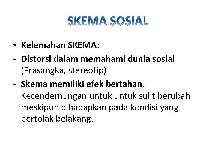  • Kelemahan SKEMA: - Distorsi dalam memahami dunia sosial (Prasangka, stereotip) - Skema