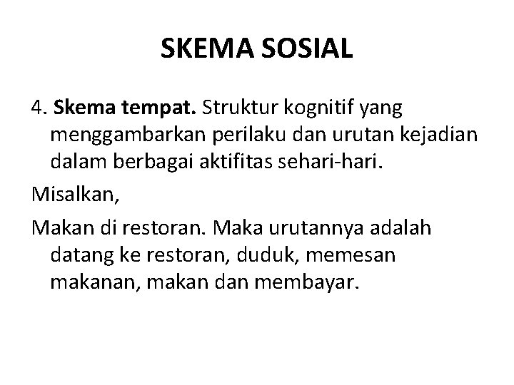 SKEMA SOSIAL 4. Skema tempat. Struktur kognitif yang menggambarkan perilaku dan urutan kejadian dalam