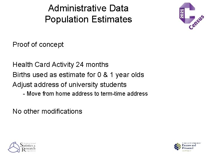 Administrative Data Population Estimates Proof of concept Health Card Activity 24 months Births used