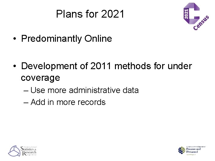 Plans for 2021 • Predominantly Online • Development of 2011 methods for under coverage