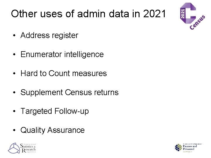 Other uses of admin data in 2021 • Address register • Enumerator intelligence •