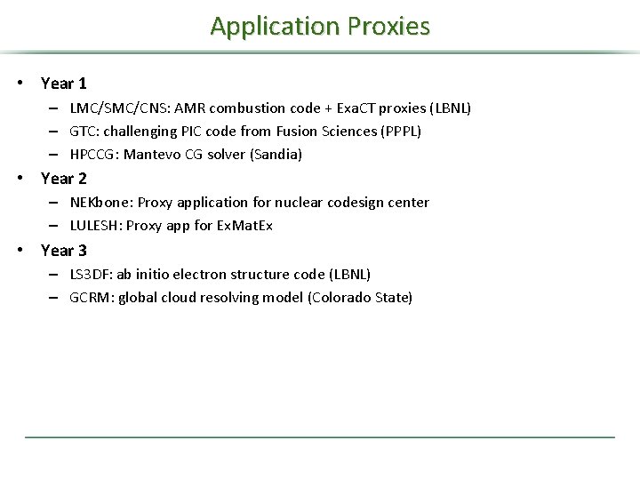 Application Proxies • Year 1 – LMC/SMC/CNS: AMR combustion code + Exa. CT proxies