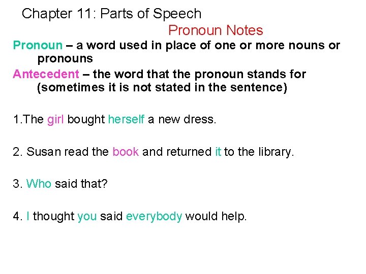 Chapter 11: Parts of Speech Pronoun Notes Pronoun – a word used in place