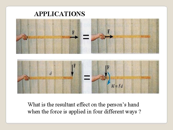 APPLICATIONS What is the resultant effect on the person’s hand when the force is