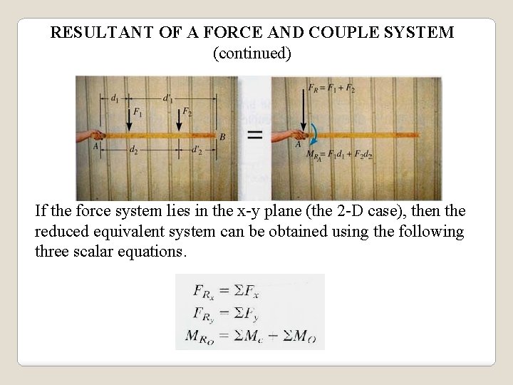 RESULTANT OF A FORCE AND COUPLE SYSTEM (continued) If the force system lies in