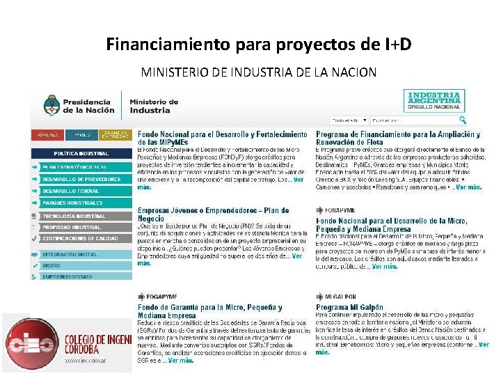 Financiamiento para proyectos de I+D MINISTERIO DE INDUSTRIA DE LA NACION 