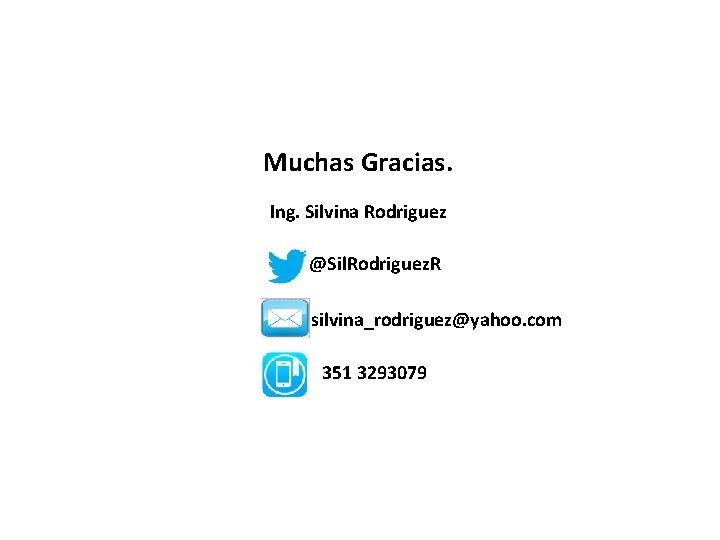 Muchas Gracias. Ing. Silvina Rodriguez @Sil. Rodriguez. R silvina_rodriguez@yahoo. com 351 3293079 