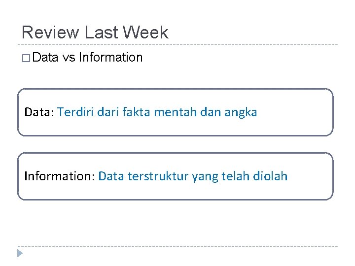 Review Last Week � Data vs Information Data: Terdiri dari fakta mentah dan angka