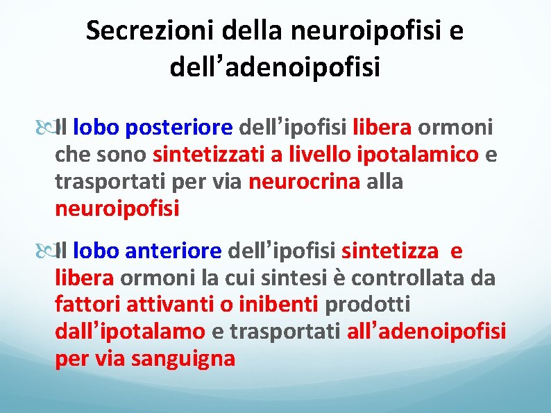 Secrezioni della neuroipofisi e dell’adenoipofisi Il lobo posteriore dell’ipofisi libera ormoni che sono sintetizzati