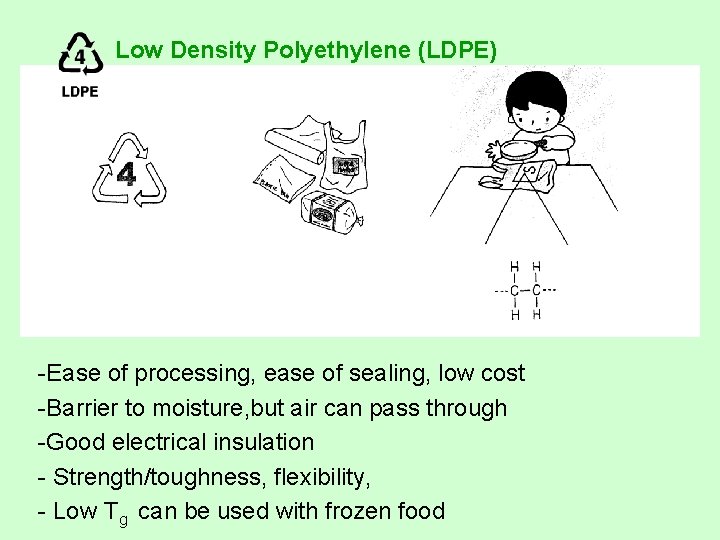 Low Density Polyethylene (LDPE) -Ease of processing, ease of sealing, low cost -Barrier to