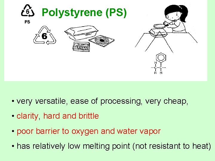 Polystyrene (PS) • very versatile, ease of processing, very cheap, • clarity, hard and