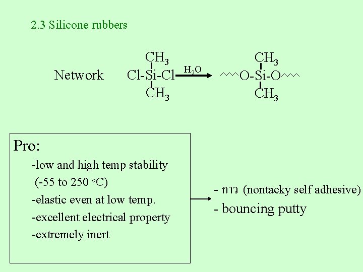2. 3 Silicone rubbers Network CH 3 H 2 O Cl-Si-Cl CH 3 O-Si-O 2. 3 Silicone rubbers Network CH 3 H 2 O Cl-Si-Cl CH 3 O-Si-O