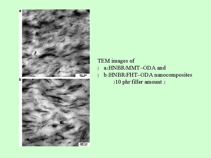 TEM images of ) a (HNBR/MMT–ODA and ) b (HNBR/FHT–ODA nanocomposites )10 phr filler TEM images of ) a (HNBR/MMT–ODA and ) b (HNBR/FHT–ODA nanocomposites )10 phr filler