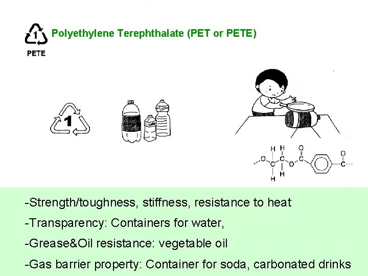 Polyethylene Terephthalate (PET or PETE) -Strength/toughness, stiffness, resistance to heat -Transparency: Containers for water, Polyethylene Terephthalate (PET or PETE) -Strength/toughness, stiffness, resistance to heat -Transparency: Containers for water,