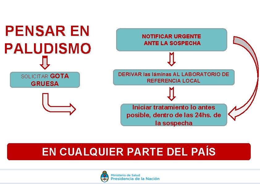 PENSAR EN PALUDISMO SOLICITAR GOTA GRUESA NOTIFICAR URGENTE ANTE LA SOSPECHA DERIVAR las láminas PENSAR EN PALUDISMO SOLICITAR GOTA GRUESA NOTIFICAR URGENTE ANTE LA SOSPECHA DERIVAR las láminas