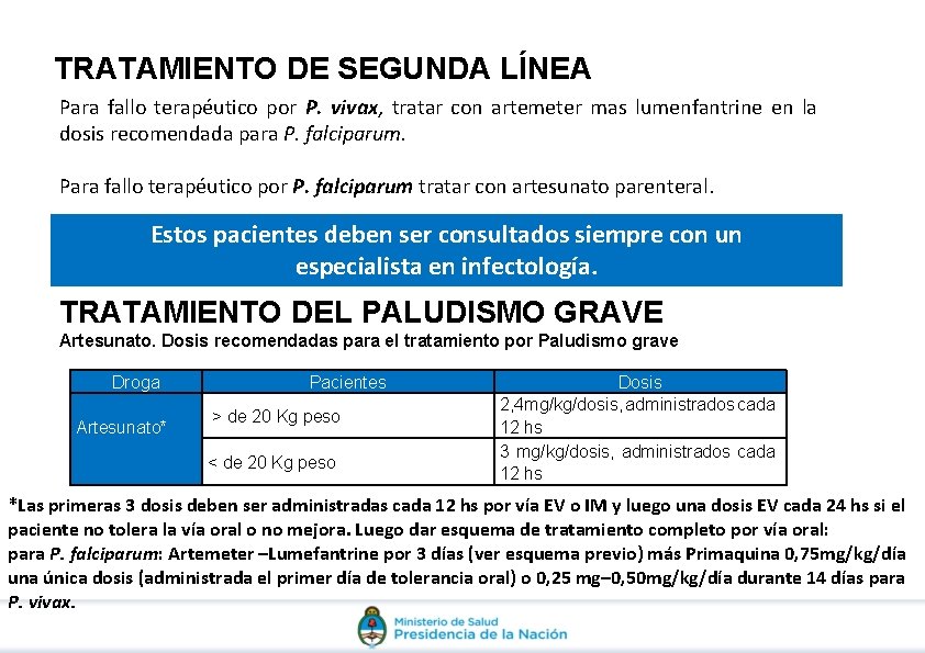 TRATAMIENTO DE SEGUNDA LÍNEA Para fallo terapéutico por P. vivax, tratar con artemeter mas TRATAMIENTO DE SEGUNDA LÍNEA Para fallo terapéutico por P. vivax, tratar con artemeter mas