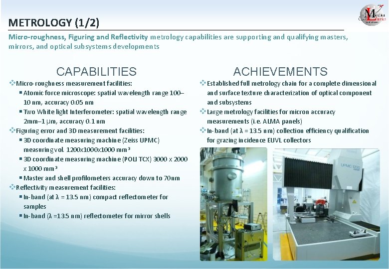 METROLOGY (1/2) Micro-roughness, Figuring and Reflectivity metrology capabilities are supporting and qualifying masters, mirrors,