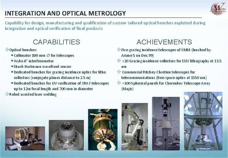 INTEGRATION AND OPTICAL METROLOGY Capability for design, manufacturing and qualification of custom tailored optical