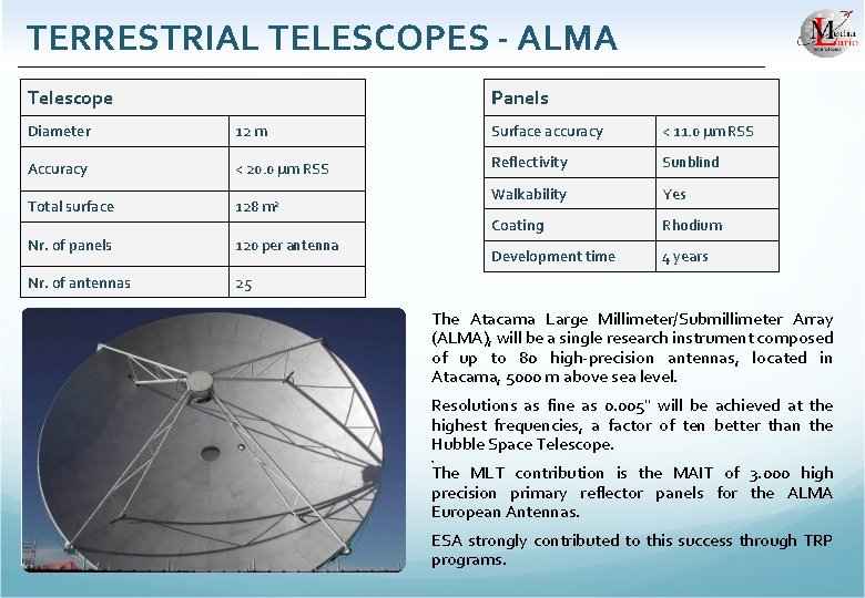 TERRESTRIAL TELESCOPES - ALMA Telescope Panels Diameter 12 m Surface accuracy < 11. 0